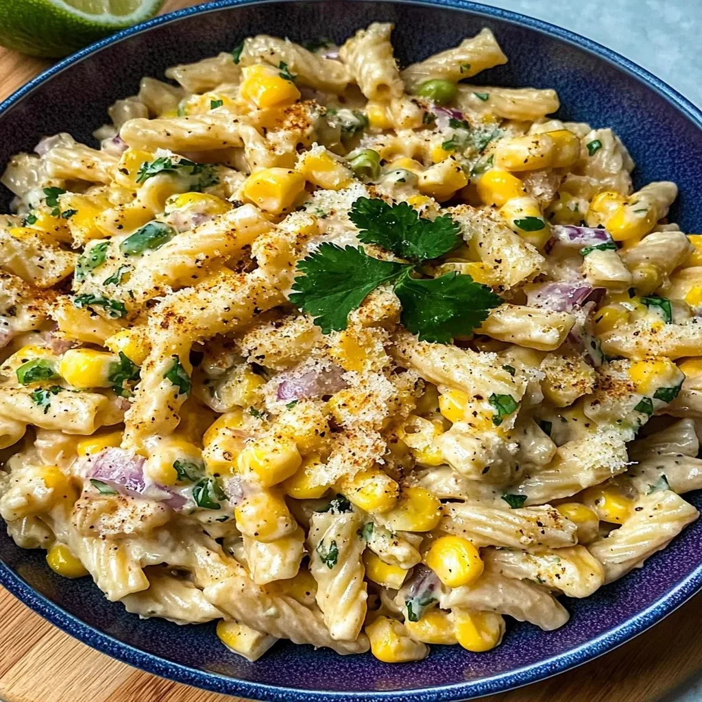Delicious Mexican street corn pasta salad with vibrant toppings and colors.