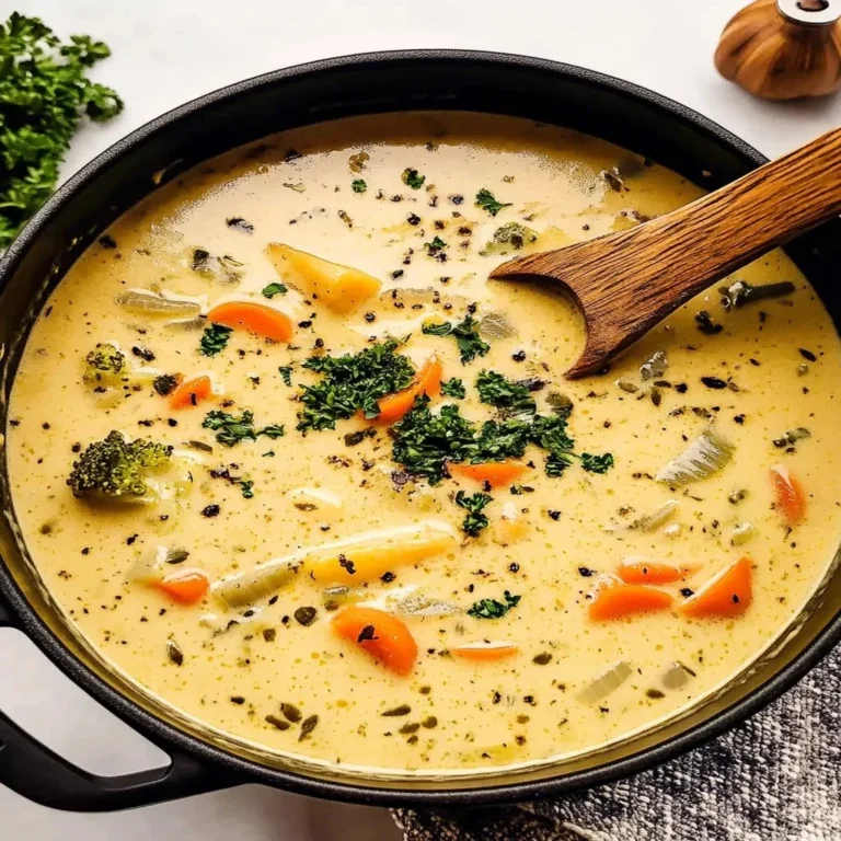 Bowl of creamy veggie soup garnished with fresh herbs, ready to warm your soul.