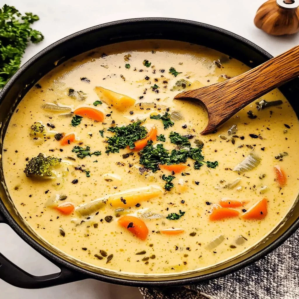 Bowl of creamy veggie soup garnished with fresh herbs, ready to warm your soul.