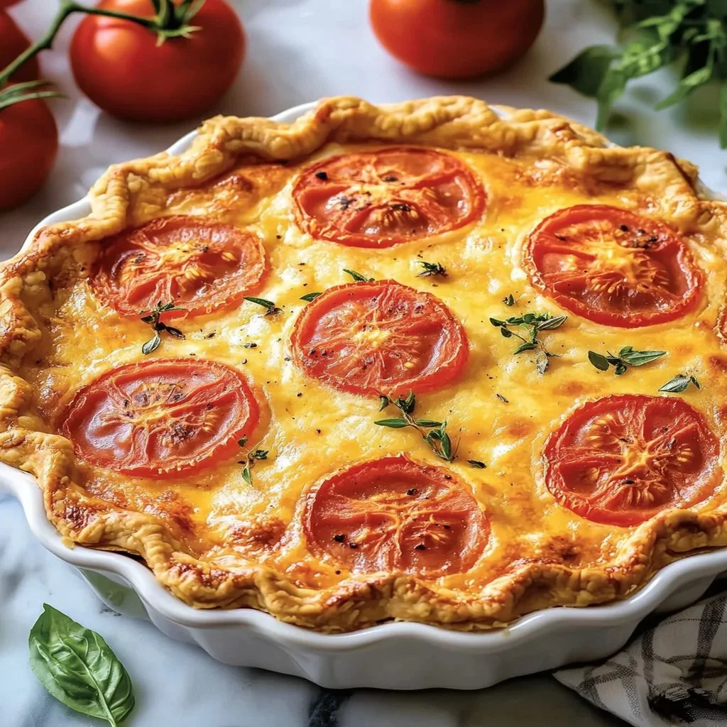 Delicious homemade Tomato Pie served on a rustic wooden table