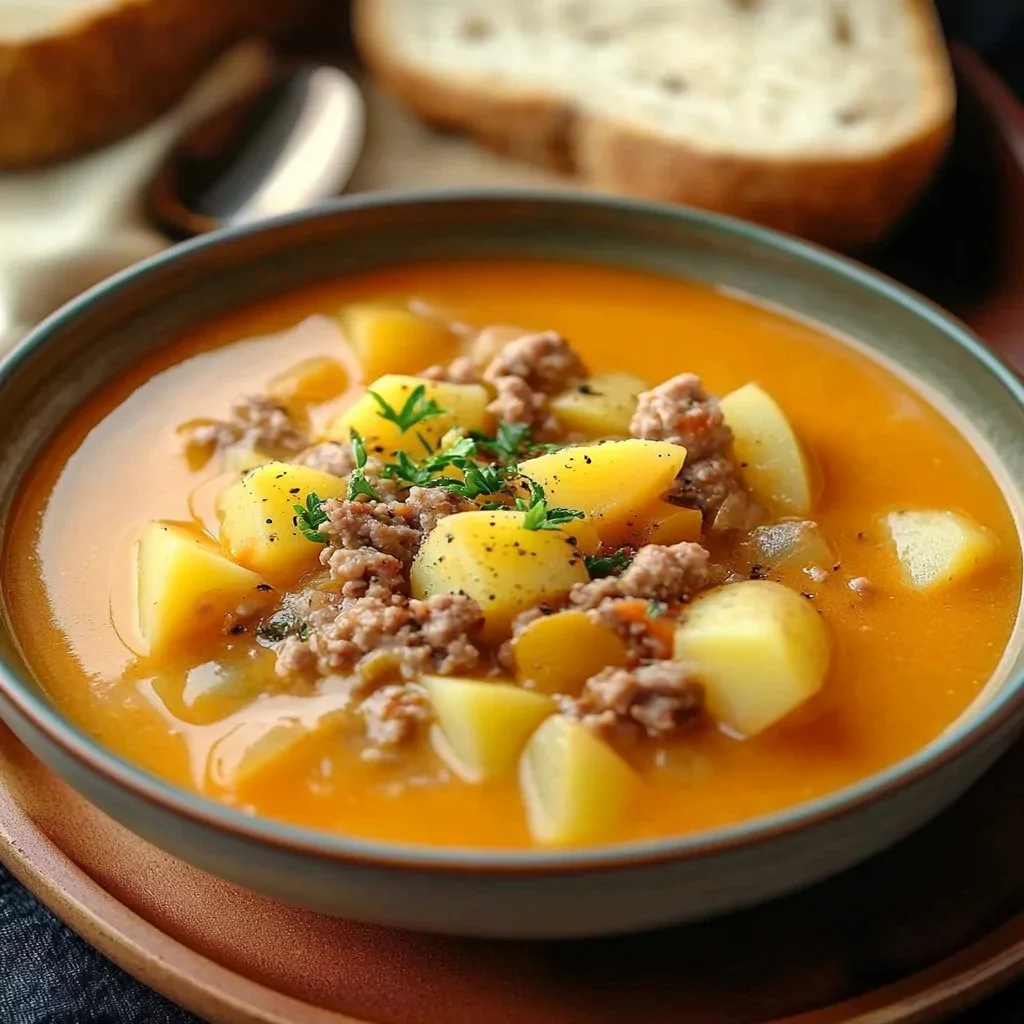 Creamy beef and potato dish served in a bowl, topped with fresh herbs