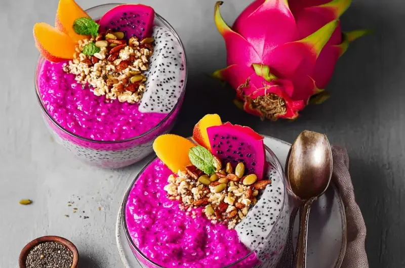 Delicious tropical dragonfruit chia parfait with layered fruits and seeds