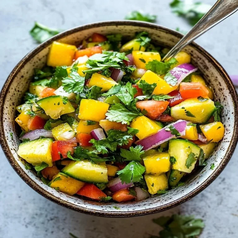 A vibrant bowl of tropical fruit salsa with colorful diced fruits.