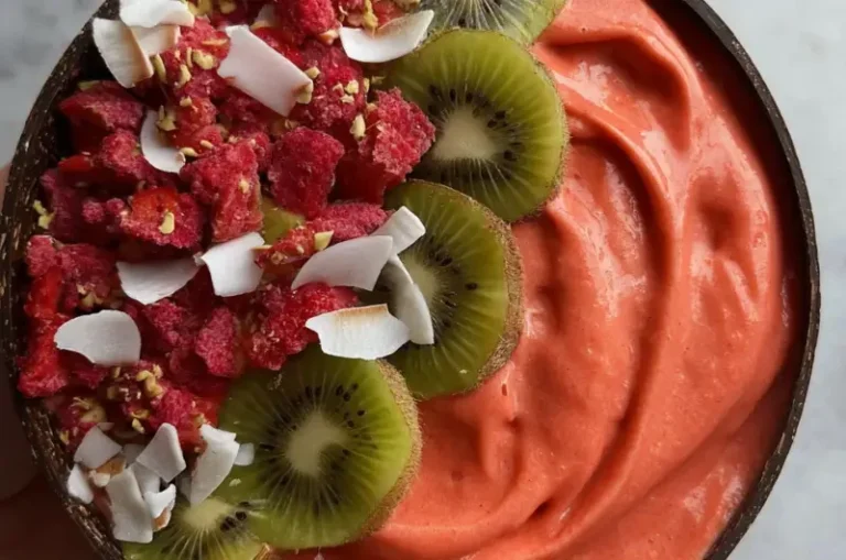 Delicious tropical smoothie bowl topped with fresh fruits and seeds
