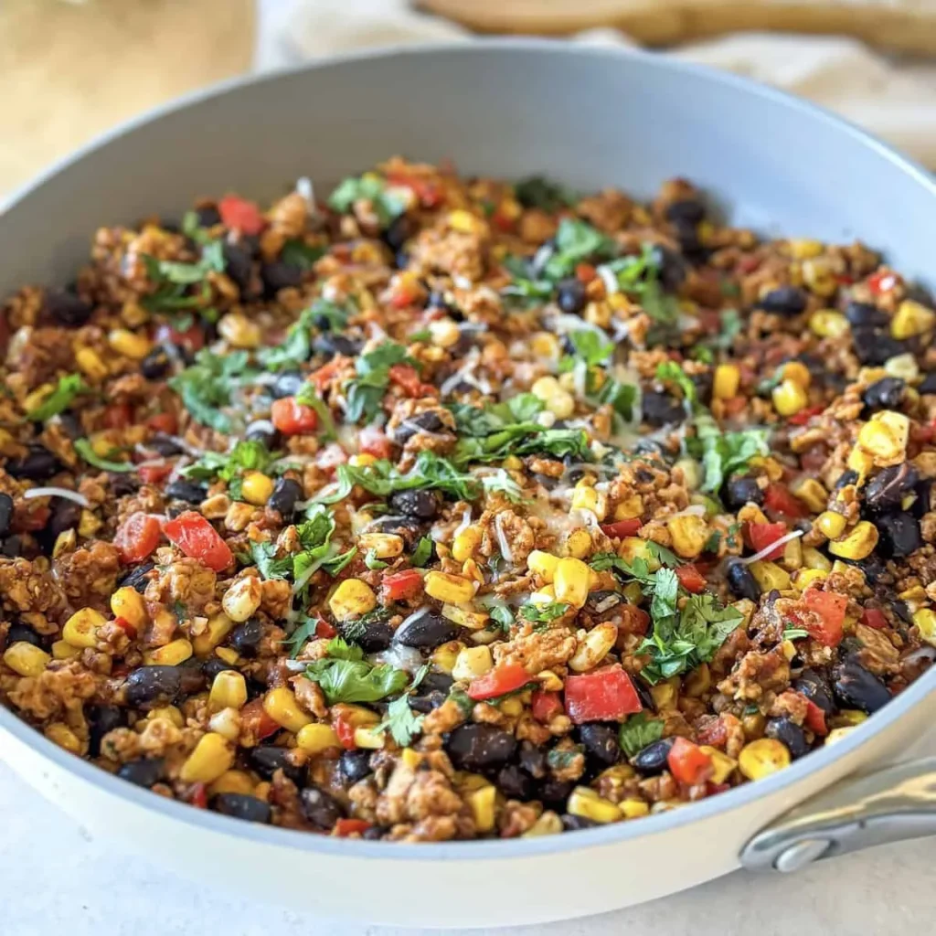 Delicious Turkey Taco Skillet topped with fresh ingredients