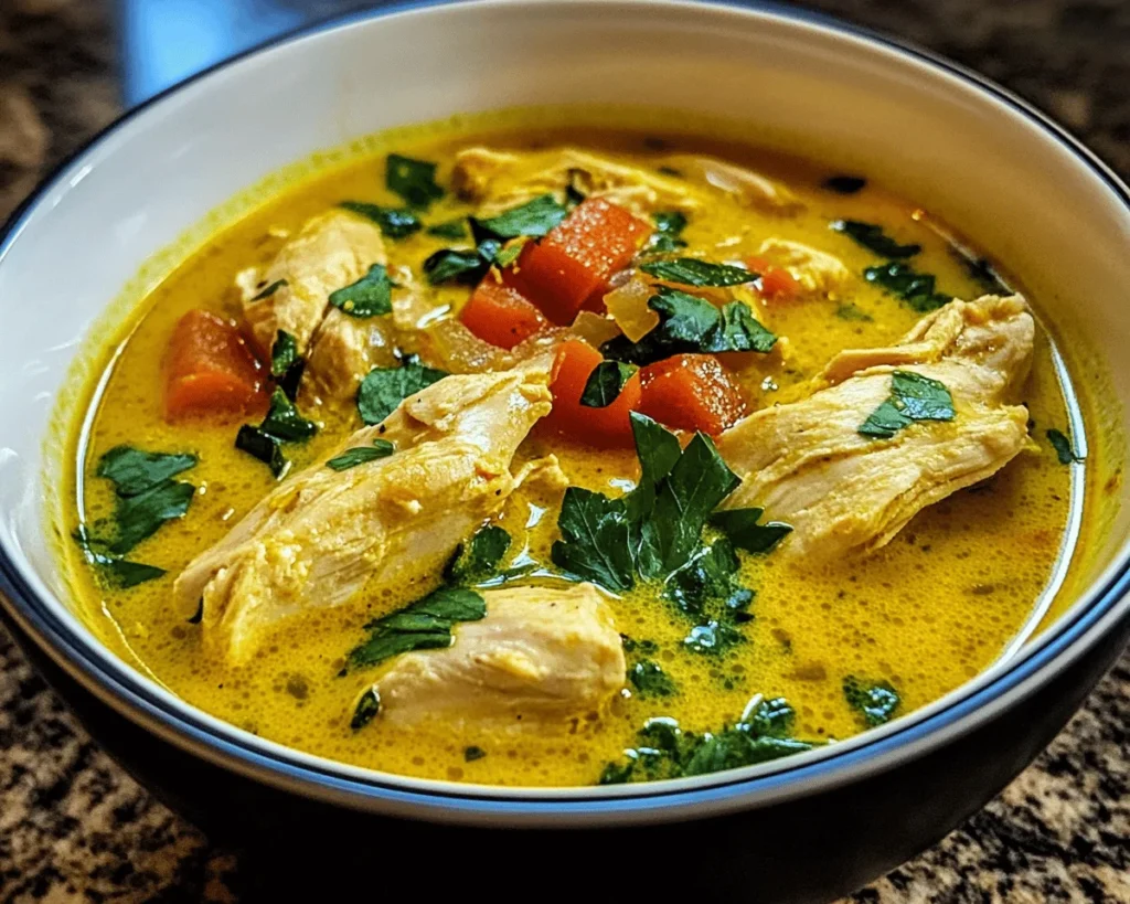 Bowl of delicious turmeric chicken soup garnished with herbs.