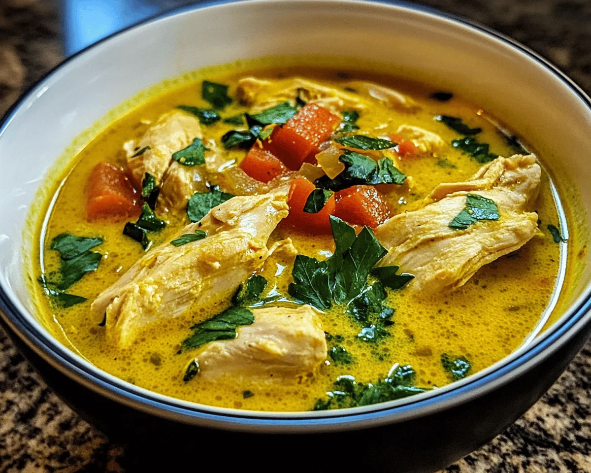 Bowl of delicious turmeric chicken soup garnished with herbs.