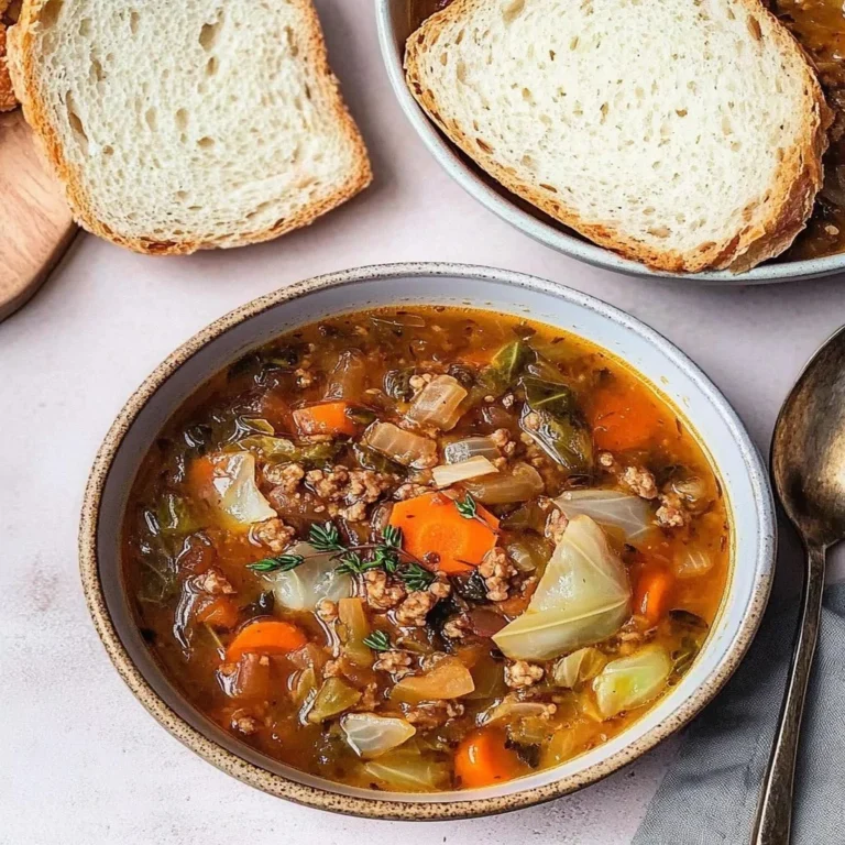 A bowl of hearty protein-packed cabbage soup garnished with fresh herbs