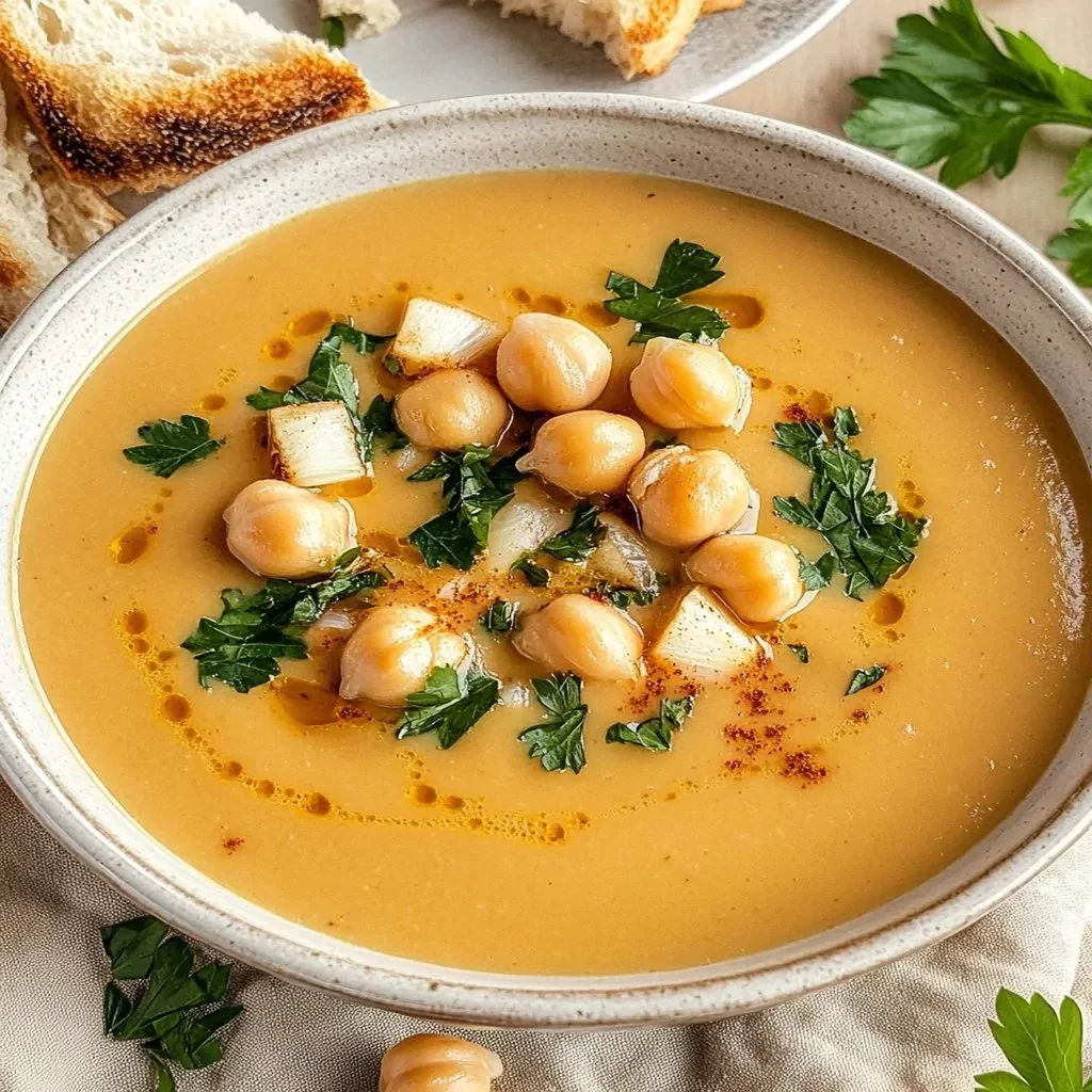A bowl of creamy chickpea soup garnished with herbs and spices.