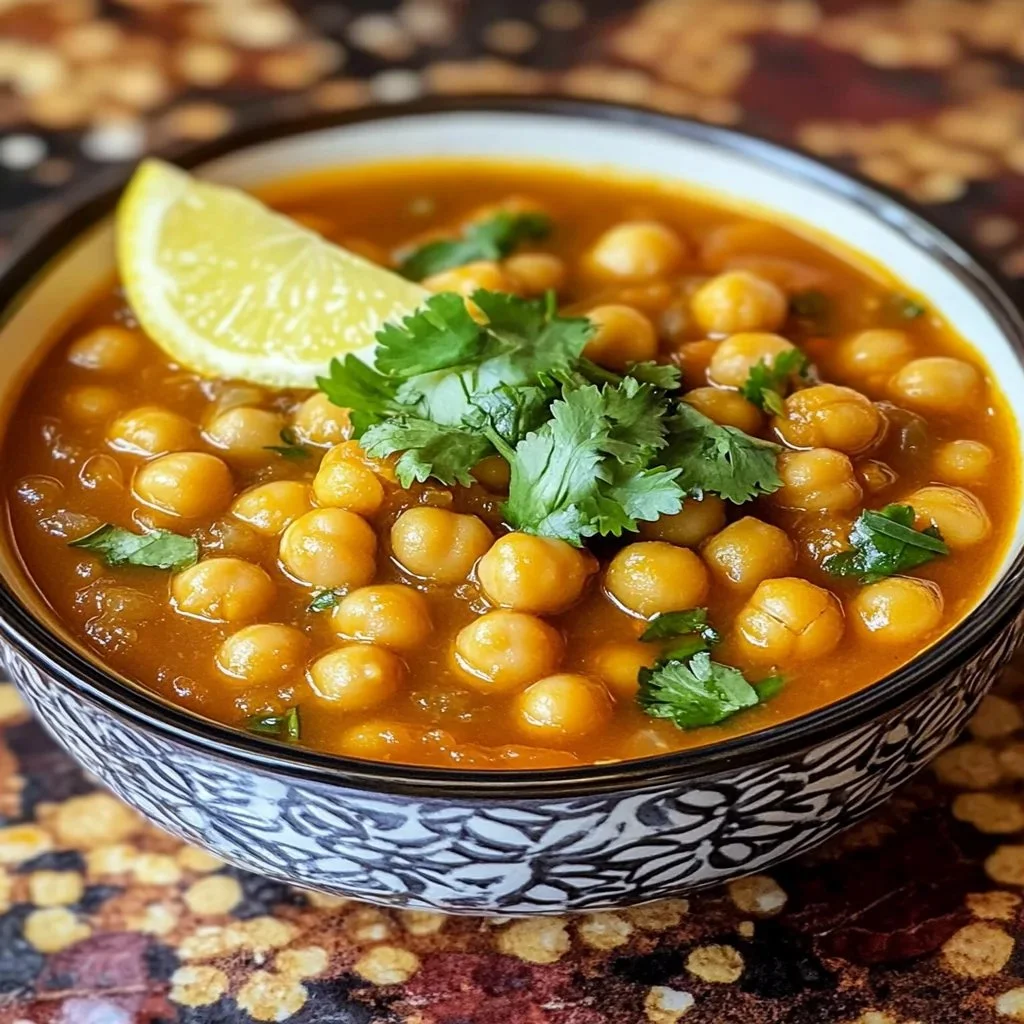 Bowl of delicious Moroccan soup garnished with herbs and spices