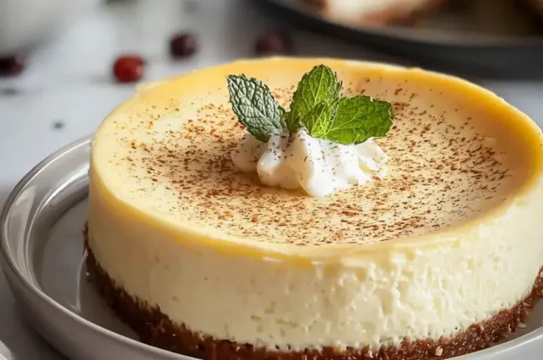 Slice of Vanilla Bean Brown Butter Cheesecake on a plate with a golden crust