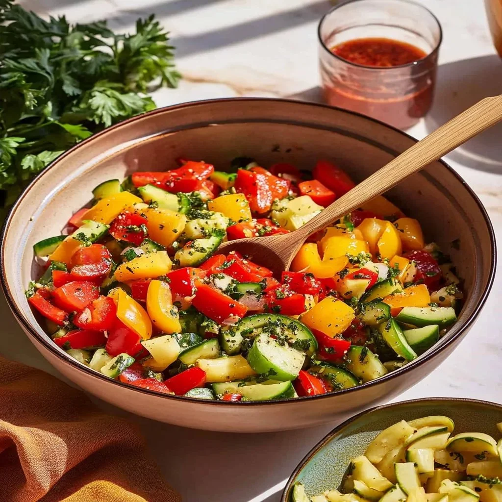 Viral sweet pepper salad with colorful peppers and fresh ingredients