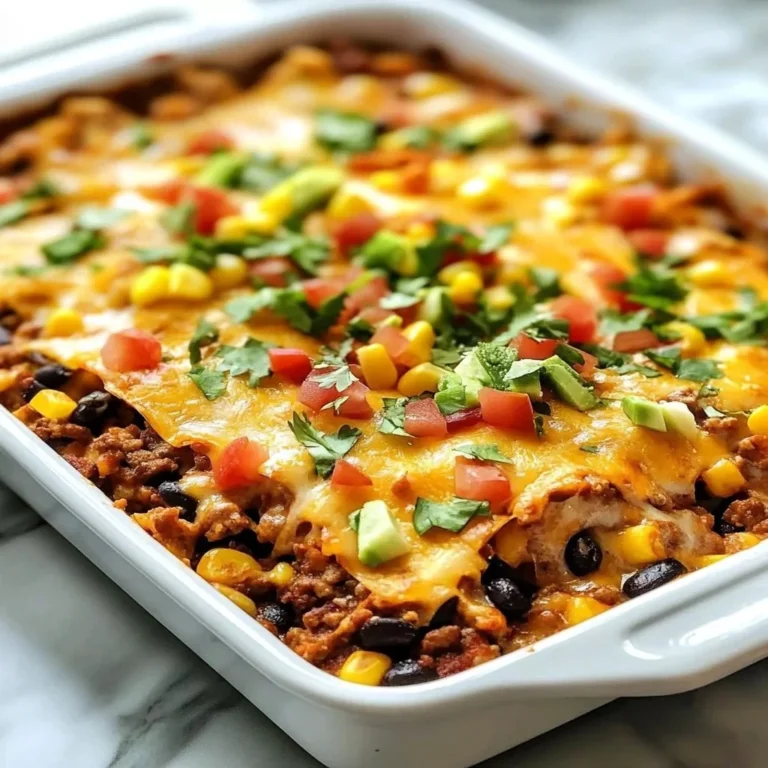 Delicious Walking Taco Casserole topped with cheese and taco ingredients.
