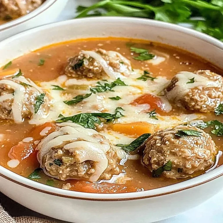 Creamy Italian meatball soup in a bowl, garnished with fresh herbs.