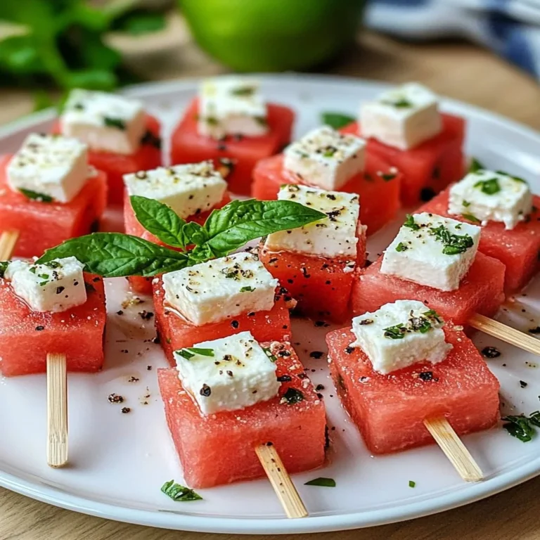 Plate of refreshing watermelon feta bites topped with mint leaves.