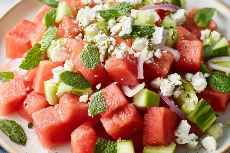 Fresh Watermelon Feta Salad with mint and balsamic dressing