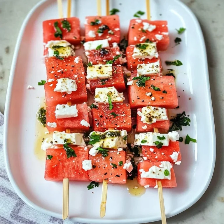 Watermelon feta skewers with mint on a platter
