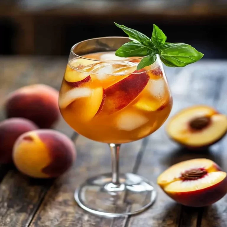 Refreshing white peach sangria served in a glass with fresh fruit