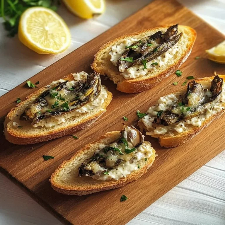 Delicious wild planet sardine crostini served on a wooden platter