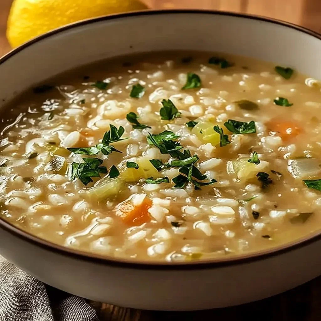 Bowl of homemade savory rice soup with vegetables and herbs