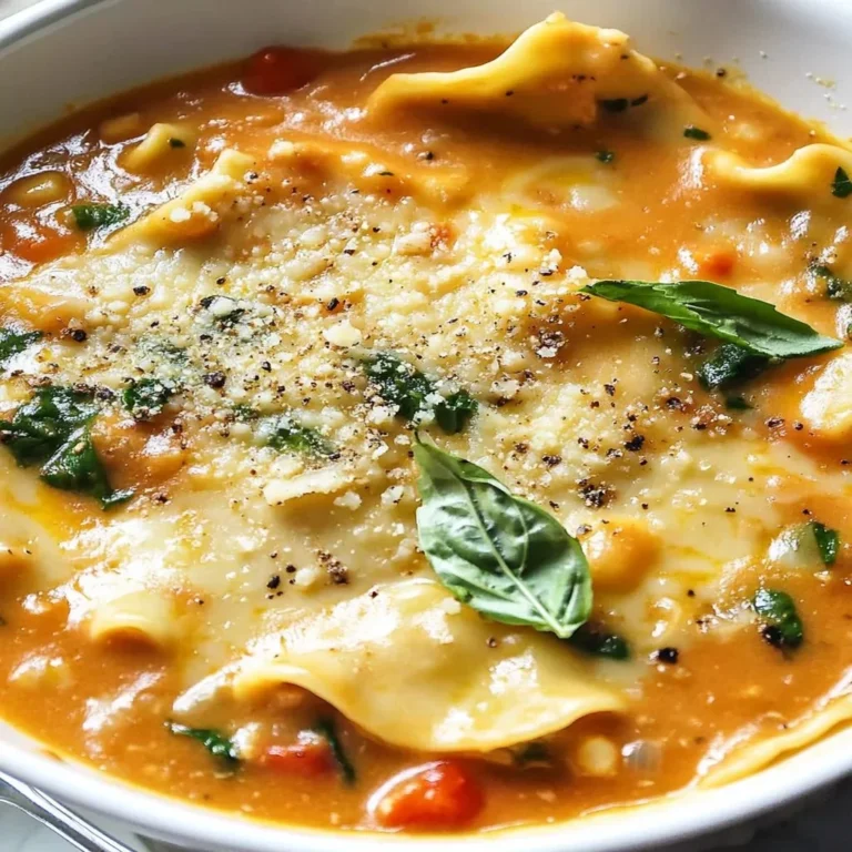 Creamy lasagna soup served in a bowl, garnished with herbs and cheese.