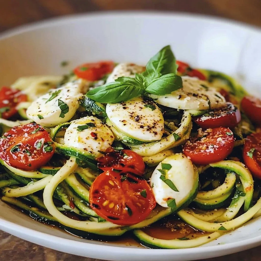 Zucchini Noodle Caprese with fresh tomatoes, mozzarella, and basil