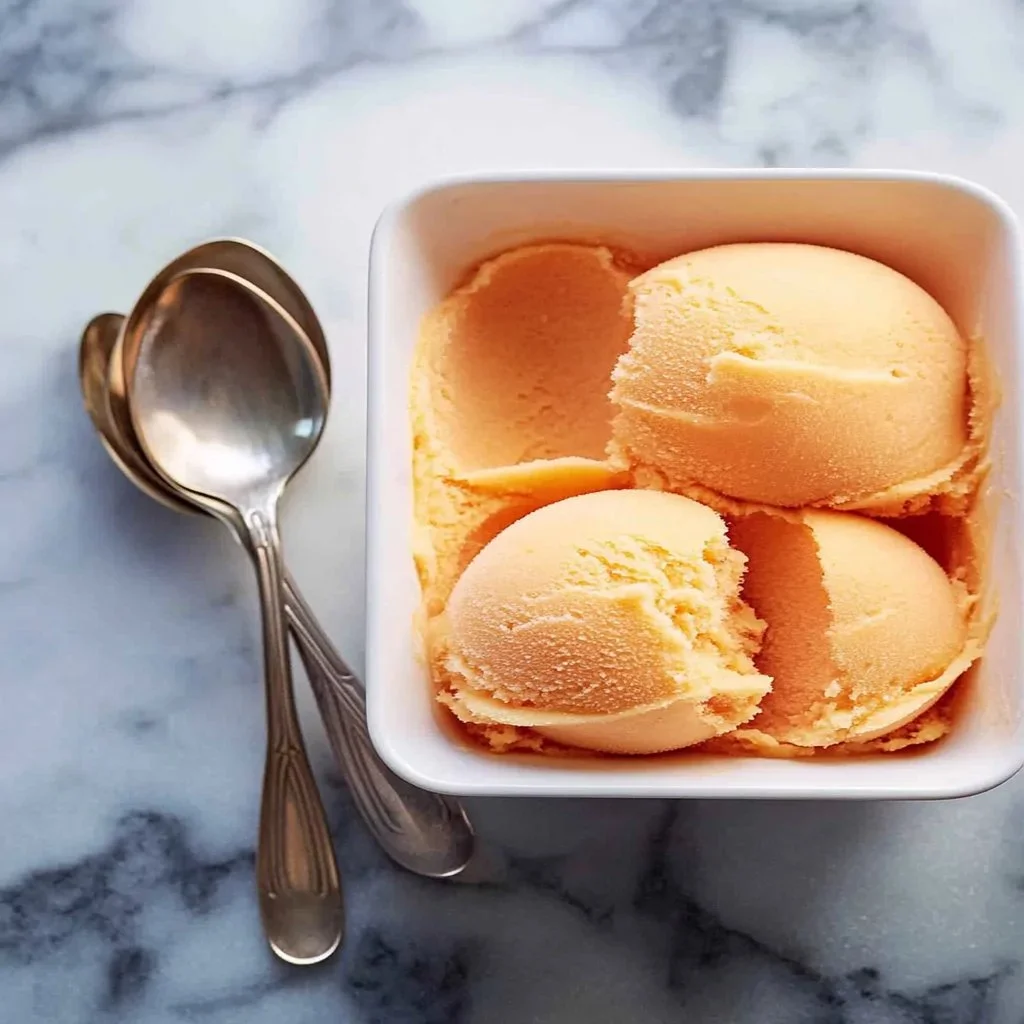 Delicious 4-ingredient peach sorbet served in a bowl