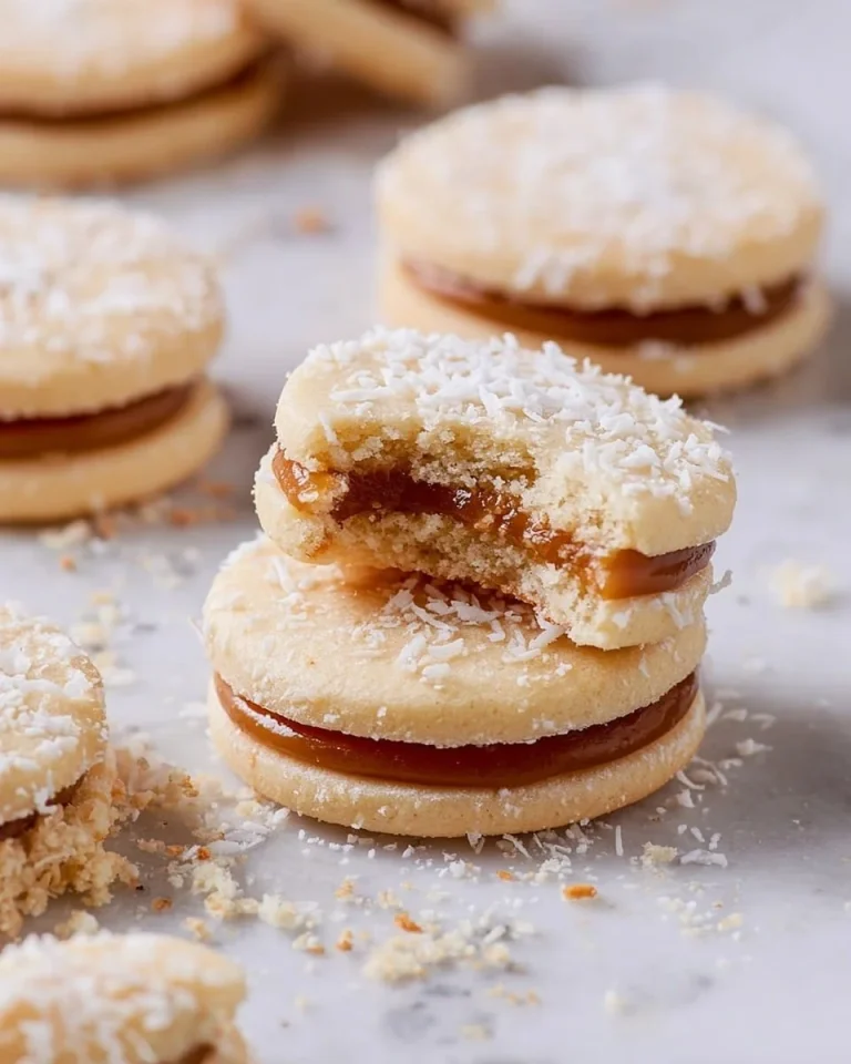 Delicious alfajores filled with dulce de leche and topped with shredded coconut