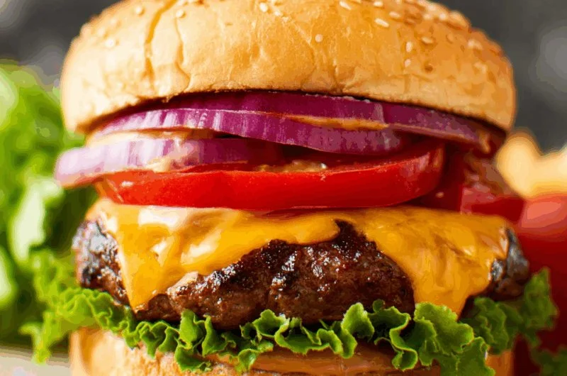 Delicious All-American Burger with fresh toppings and side of fries