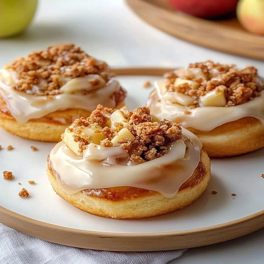 Apple cheesecake buns with crumble topping and sweet glaze on a plate