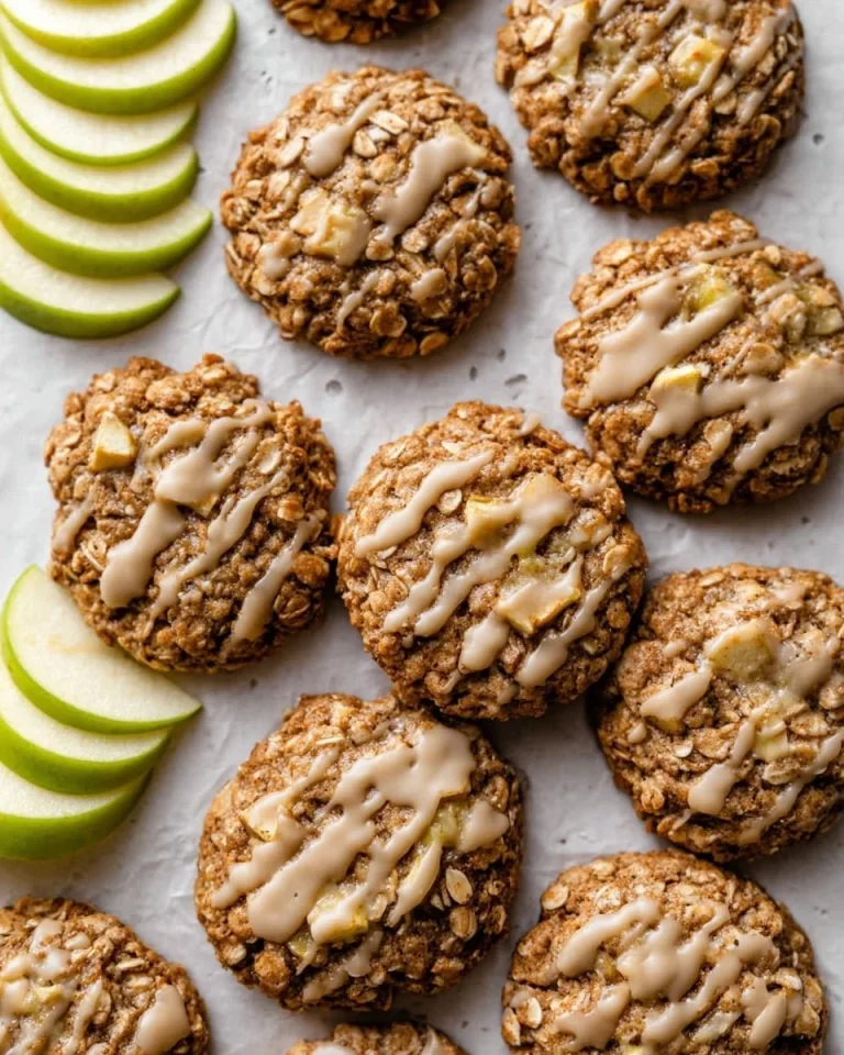 Apple cinnamon oatmeal cookies drizzled with maple icing on a white plate