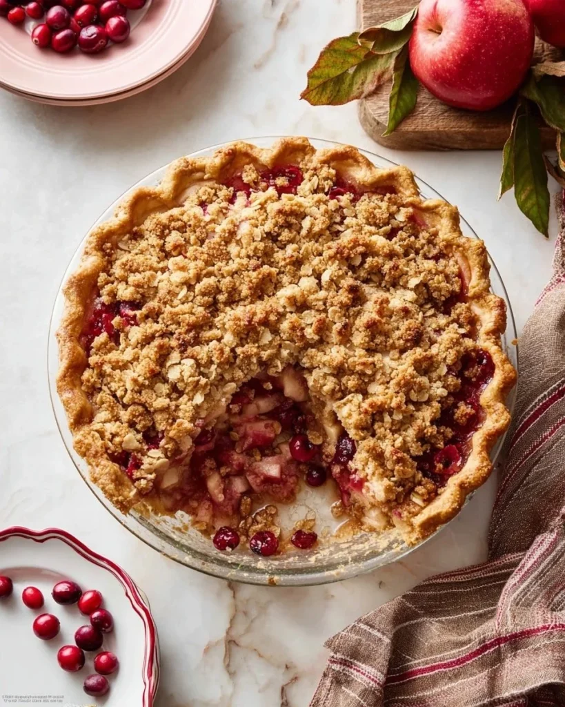 Slice of Apple Cranberry Crumble Pie with a golden brown topping