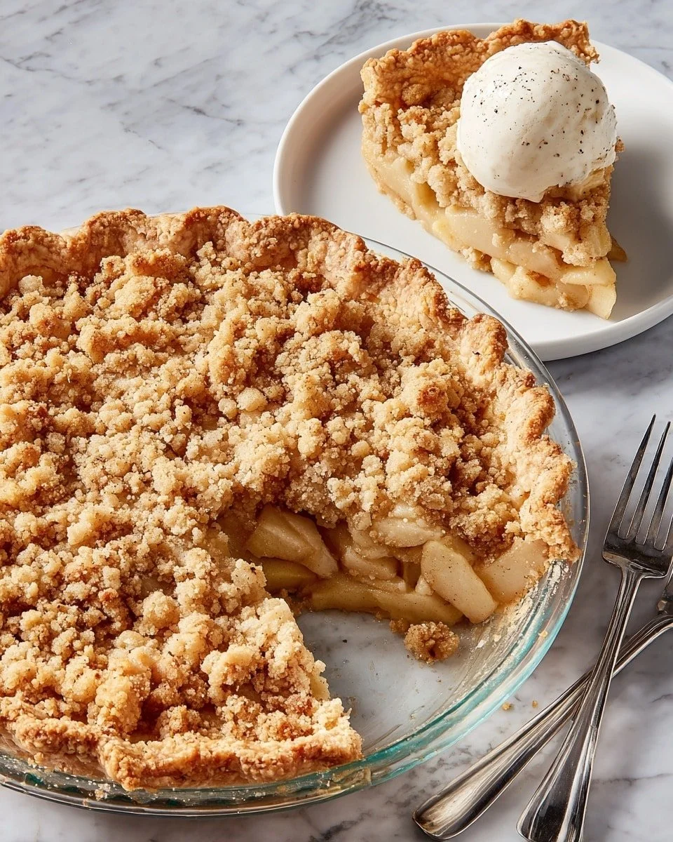 A freshly baked Apple Crumble Pie with a golden crust and crumbly topping.