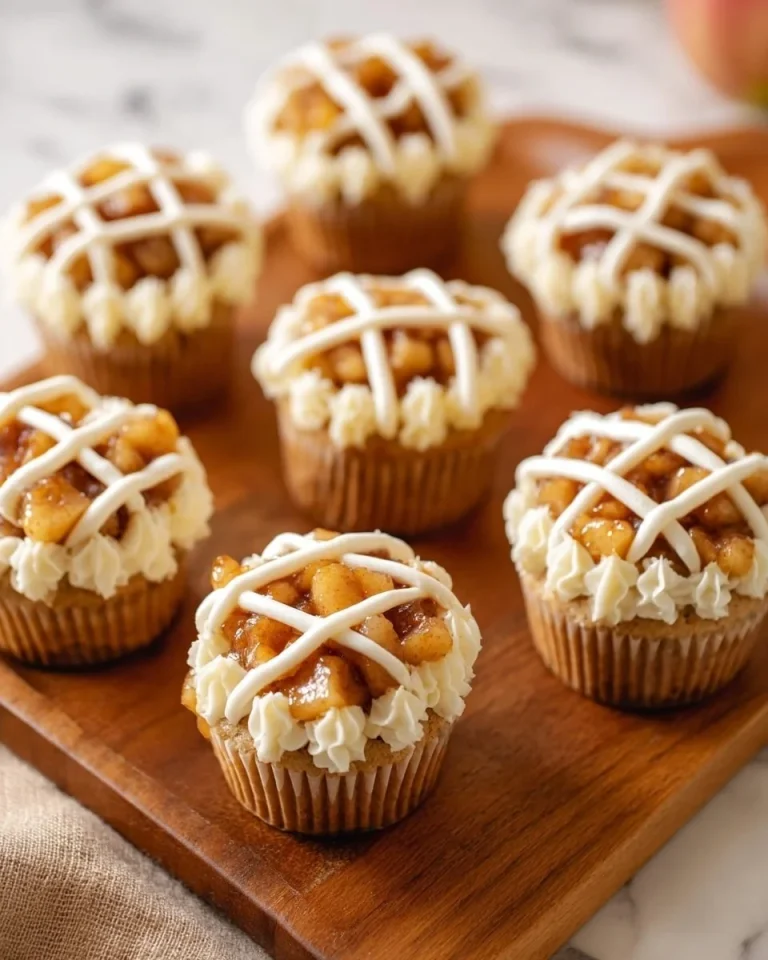 Delicious apple pie cupcakes with cinnamon cream cheese frosting decorated on a plate.