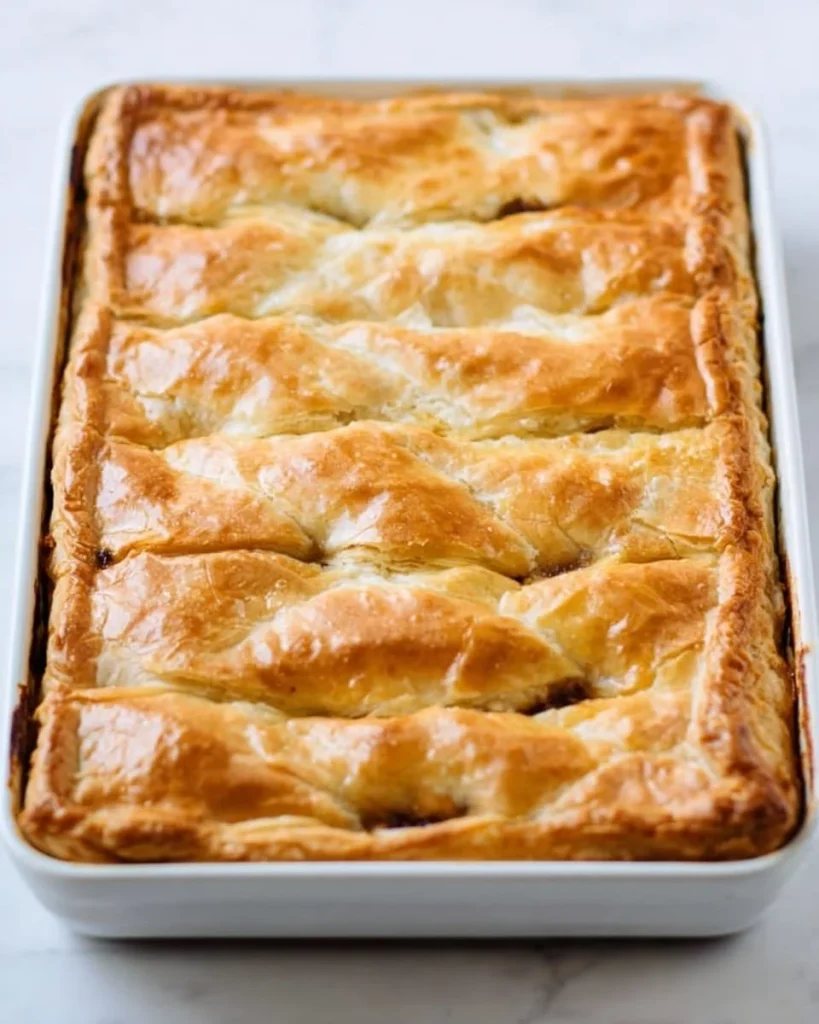 A delicious homemade apple slab pie with a golden crust and apple filling.