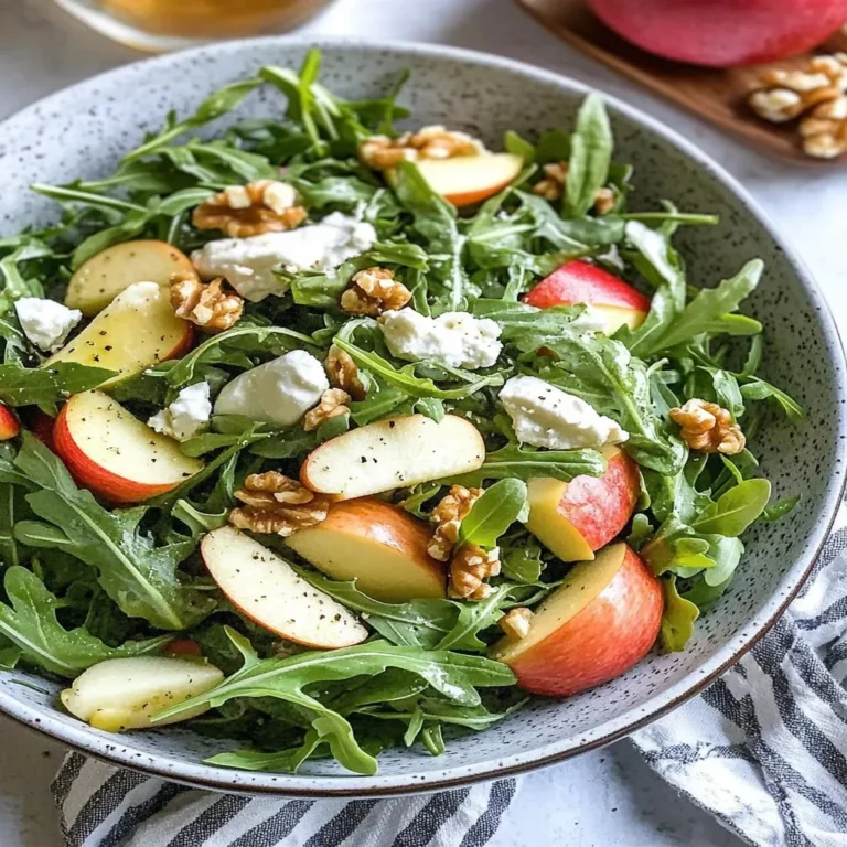Arugula salad topped with sliced apples and walnuts, served in a bowl