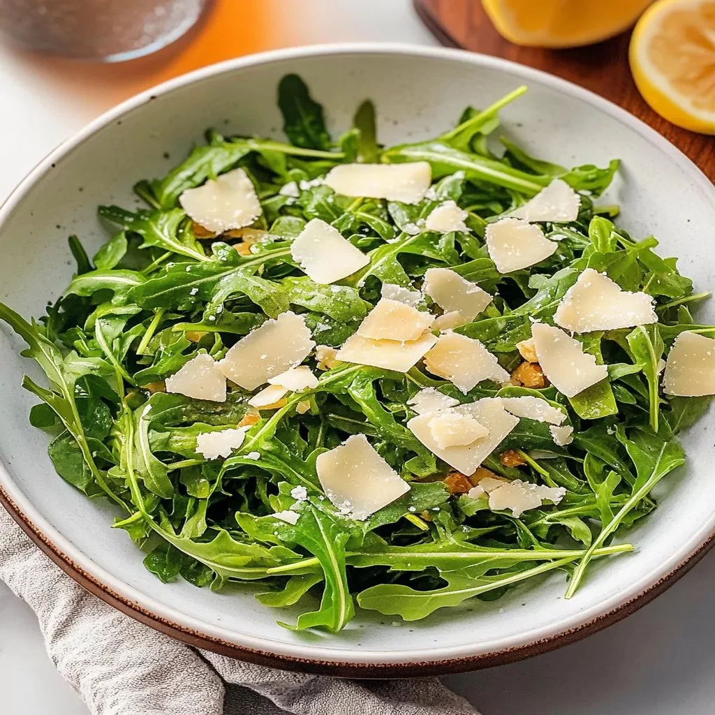 Fresh arugula salad topped with shaved Parmesan cheese in a bowl