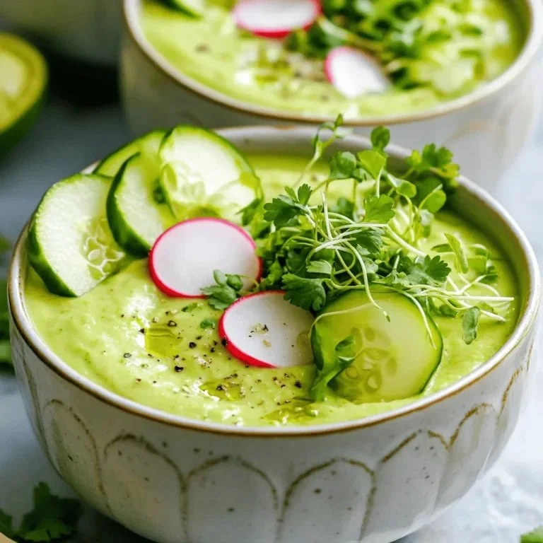 A bowl of Avocado Cucumber Gazpacho garnished with cucumber slices and herbs