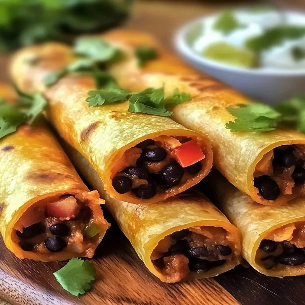 Baked black bean taquitos served on a plate with salsa and garnish