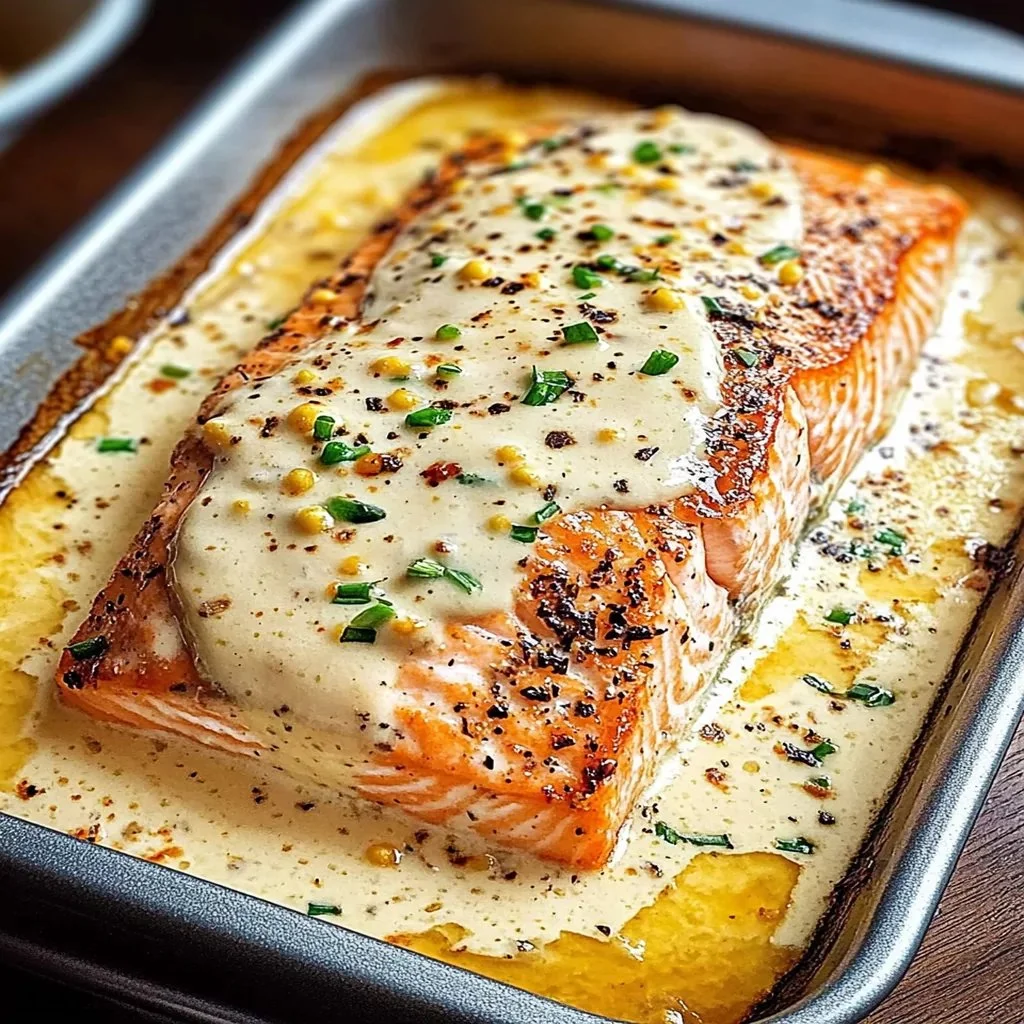 Delicious Baked Boursin Salmon garnished with herbs on a plate