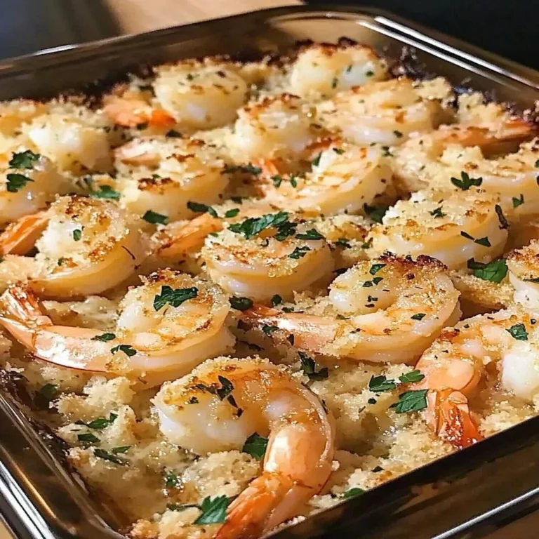 Baked garlic parmesan shrimp served in a dish with fresh herbs and lemon