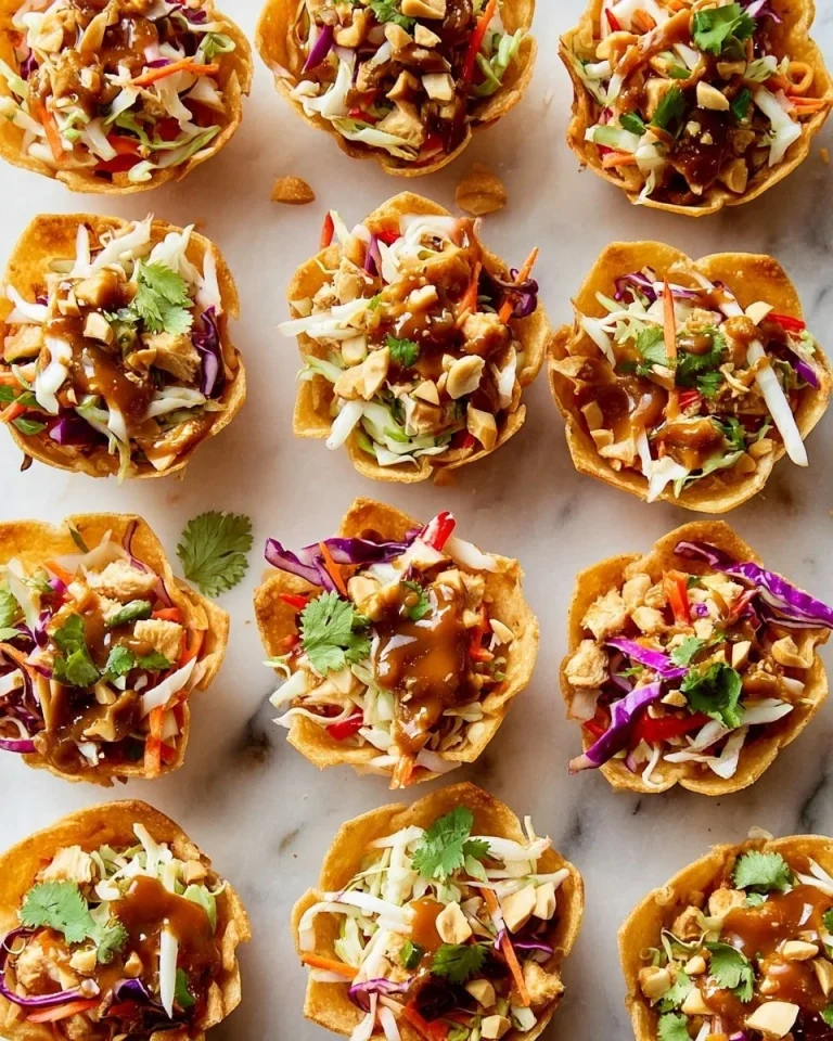 Delicious baked peanut chicken wontons served with a dipping sauce