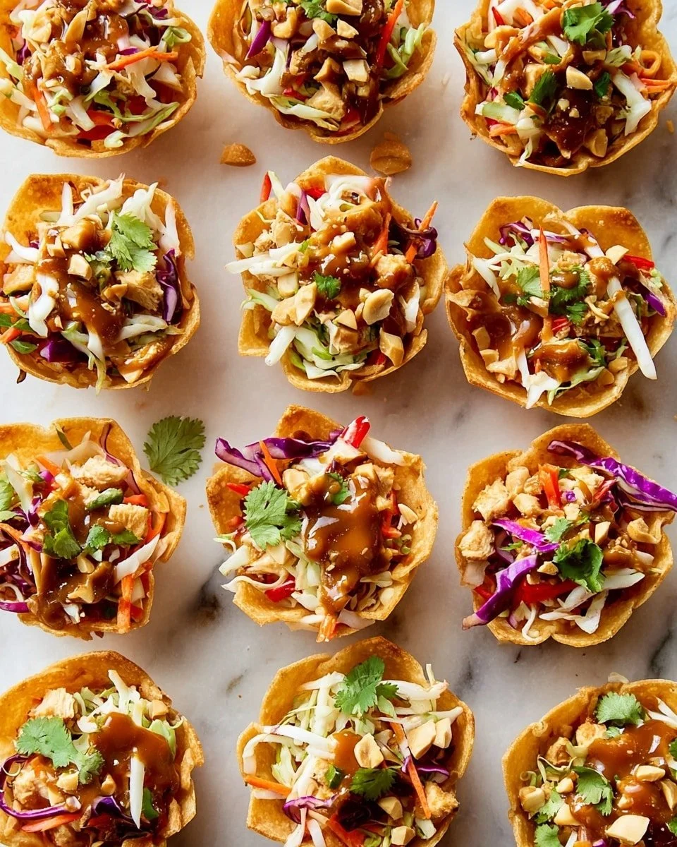 Delicious baked peanut chicken wontons served with a dipping sauce