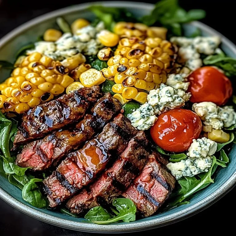 Balsamic Steak Salad with Gorgonzola cheese and grilled corn on a plate