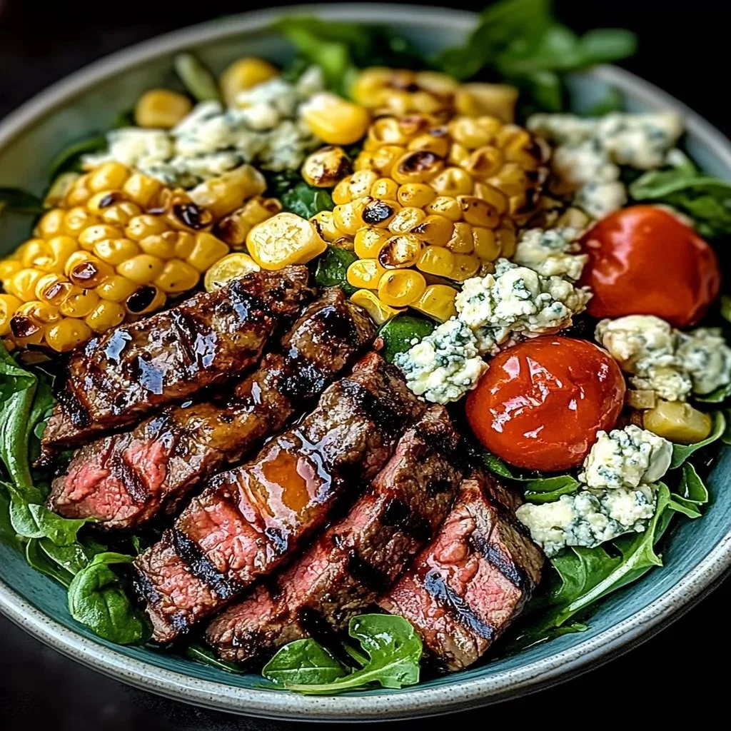 Balsamic Steak Salad with Gorgonzola cheese and grilled corn on a plate
