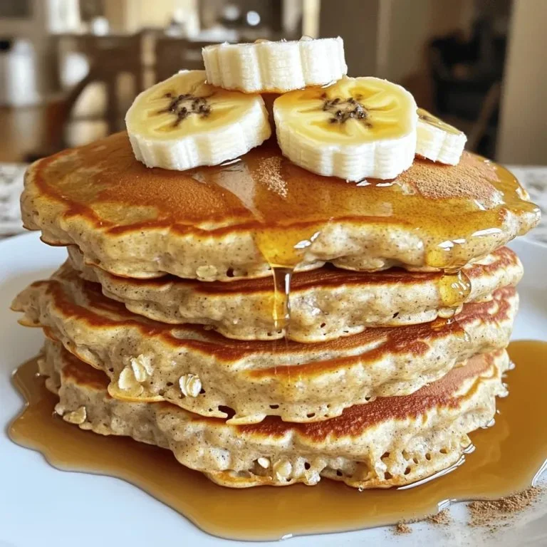 Fluffy banana oat pancakes stacked on a plate, ready to enjoy with syrup