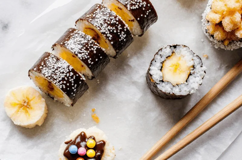 Delicious banana sushi rolls with chocolate and nuts on a plate