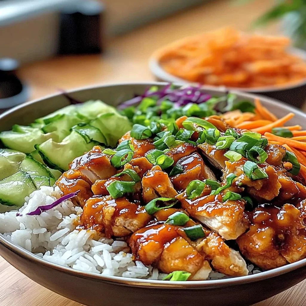 A delightful Bang Bang Chicken Bowl topped with fresh vegetables and spicy sauce.