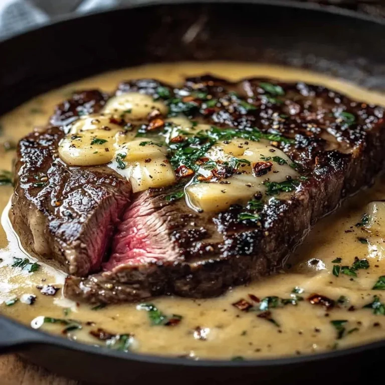 Bavette steak with roasted garlic pan sauce served on a plate
