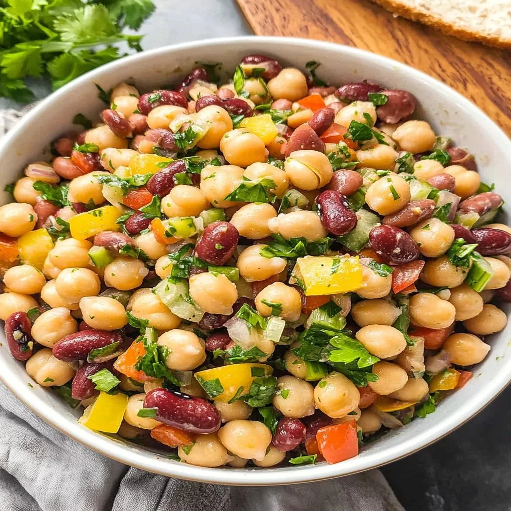 Colorful bean salad with chickpeas, fresh vegetables, and dressing.